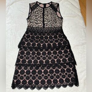 Nanette Lepore Black Lace over Blush Animal-Print Midi Dress